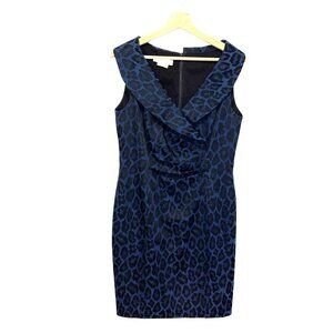 Kay Unger Blue Black Leopard Cap Sleeveless V-Neck Women's Midi Dress Size 10